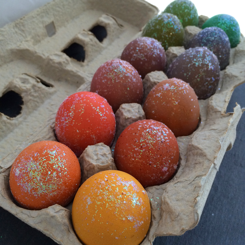 dyed organic brown eggs with glitter  {wholly rooted}
